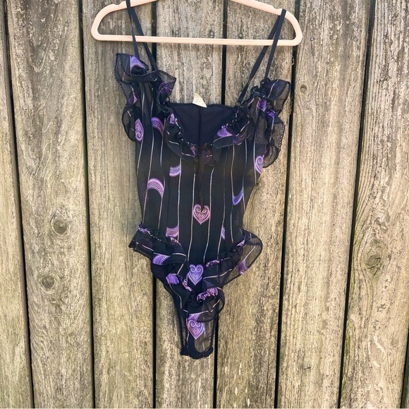 Shirley of Hollywood / Vintage Teddy Body Suit / Black Lace Heart moon / Size M - Picture 1 of 14